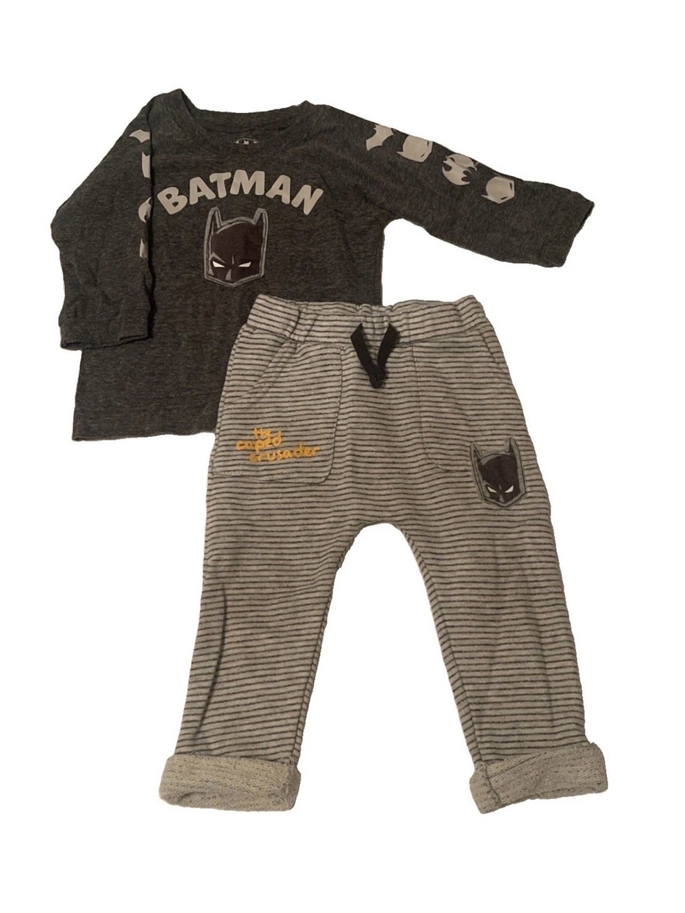 Batman Kids Pajama Set - Charcoal Top & Light Gray Striped Pants